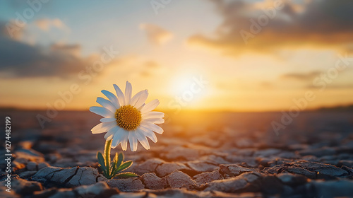 Chamomile flower growing on dry cracked earth, symbolizing resilience and environmental protection in challenging conditions
