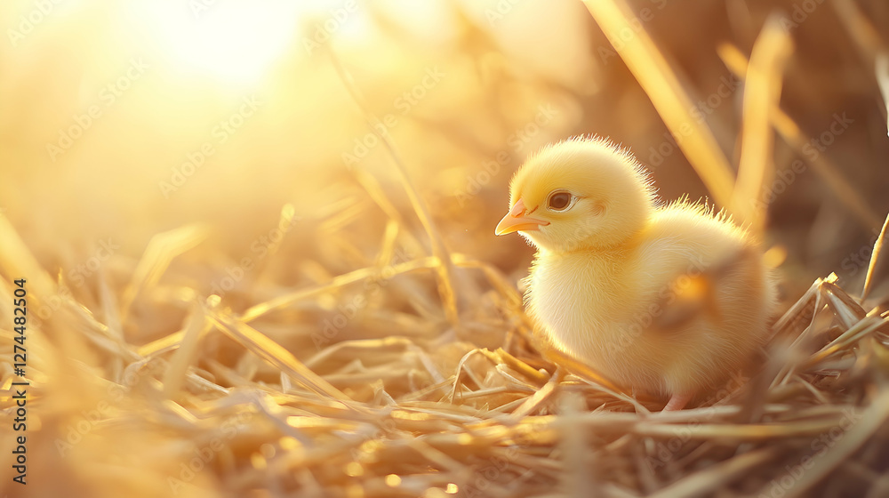 Charming little yellow chick exploring dry grass on a sunny farm in springtime