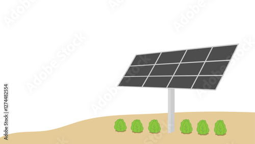An agrovoltaic system with a solar panel and green plants growing beneath