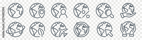 Globe and planet related outline icons set isolated on PNG background