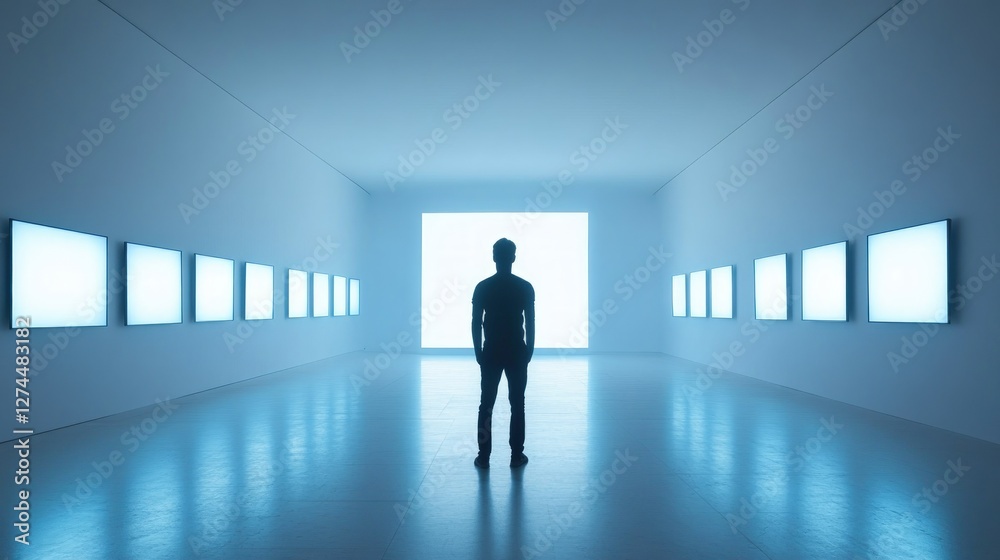 Man viewing art gallery lightbox exhibit Man viewing art gallery lightbox exhibit
