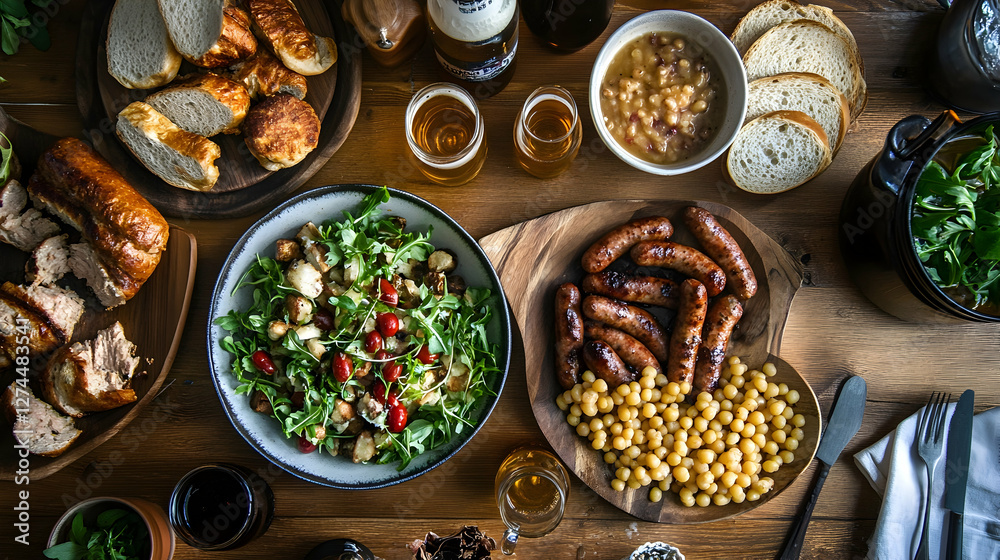 Classic Oktoberfest feast with white sausages and beer, highlighting traditional German cuisine