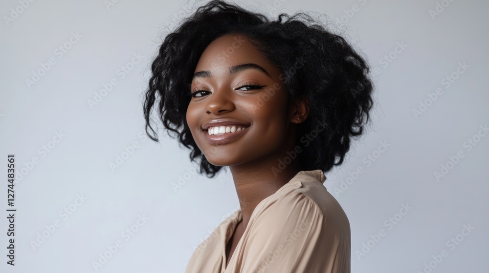 Smiling woman, studio portrait, neutral background, advertising Smiling woman, studio portrait, neutral background, advertising