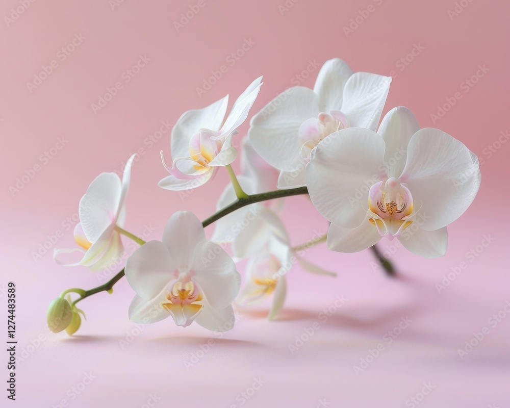 Fototapeta premium Delicate white orchid bloom on pastel pink background for spa, wellness, beauty concepts