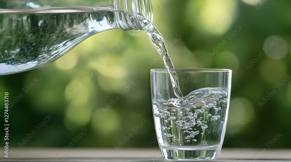 Clean drinking water being poured from a jug into a round glass cup, symbolizing purity