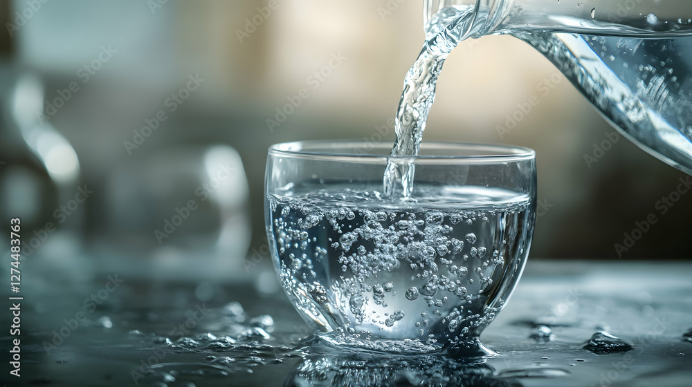 Clean drinking water being poured from a jug into a round glass cup, symbolizing purity