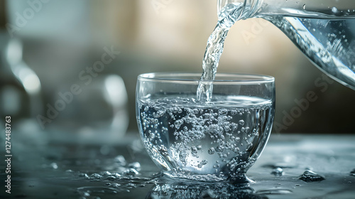 Obraz na płótnie Clean drinking water being poured from a jug into a round glass cup, symbolizing purity w salonie