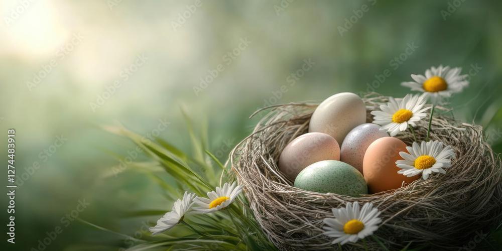 Obraz premium Colorful Easter eggs nestled in a bird's nest surrounded by daisy flowers