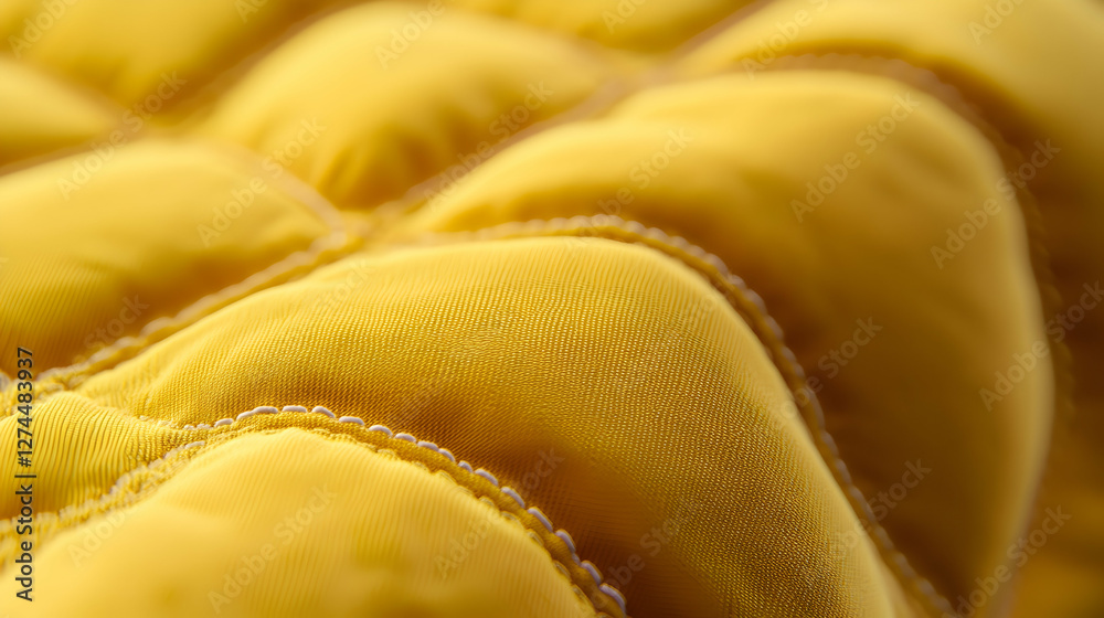 Close up view of yellow quilted fabric, highlighting stitching detail and textured surface. Generative AI