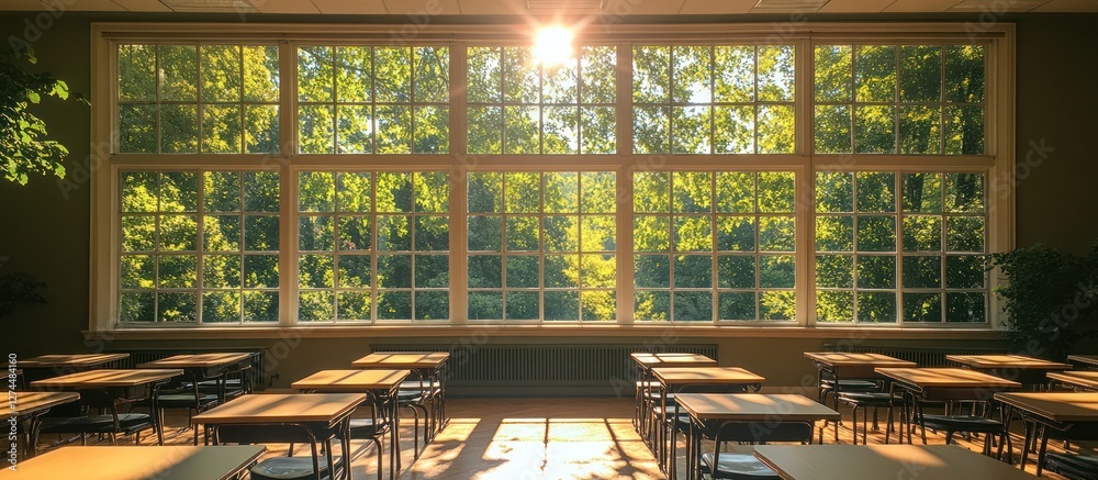 Fototapeta premium Sunlit classroom with desks and large window overlooking lush green trees.