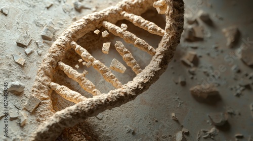 A detailed image of a DNA helix made of stone or rock, with pieces crumbling around it, symbolizing decay or a