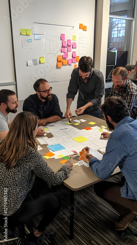 Top view of a diverse team of members gathered around a table, with a flowchart and sticky notes displayed
