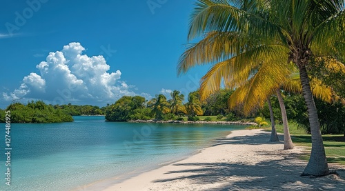 Fototapeta Naklejka Na Ścianę i Meble -  Palm trees casting shadows on idyllic white sand beach in the caribbean
