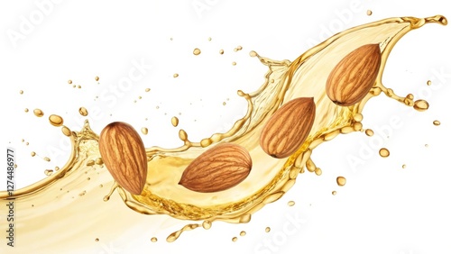 Almonds in Golden Oil Splash Composition Photography, Food Image, Healthy Concept Almond oil, healthy fats
