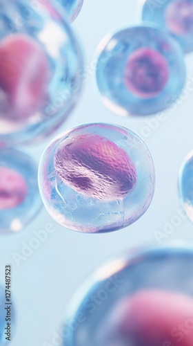translucent human cells floating in a pale background with pink cores, glowing details, and a clinical atmosphere, concept of healthcare, medical research