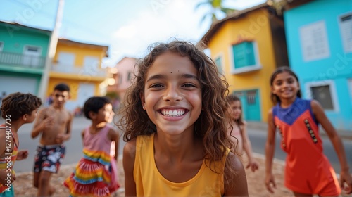 Close up of a smiling girl in colorful street playing with friends.