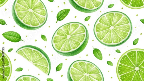 Lime slices and leaves illustration vibrant green, realistic style, pattern design, food photography, summer refreshment. Lime, pattern, illustration
