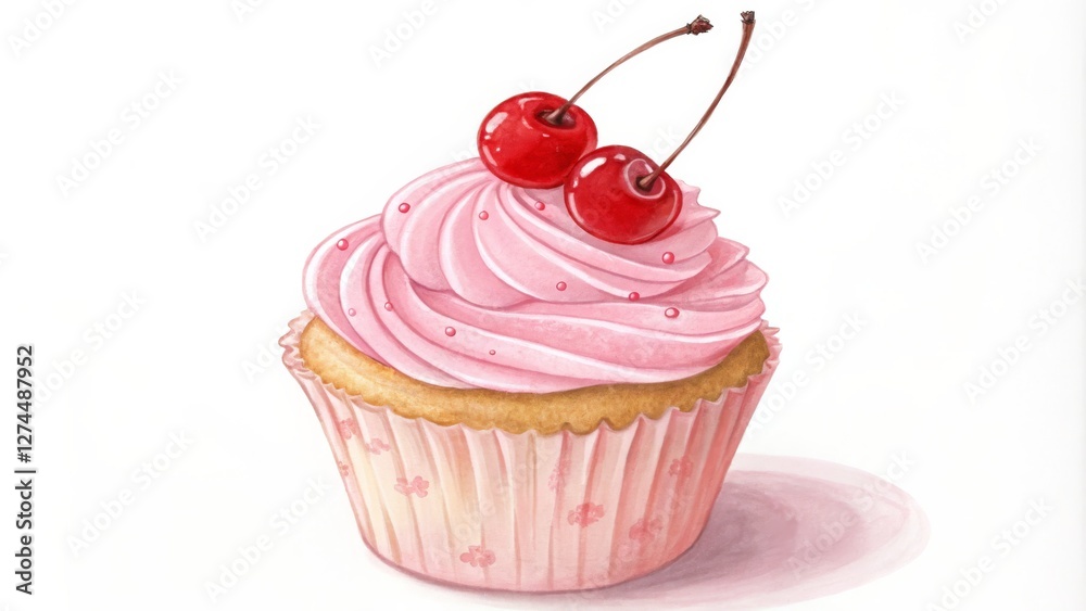 Pink Cupcake with Cherries Watercolor Painting, Sweet Treat, Dessert Illustration, Bakery, Food Art Cupcake, Cherry Pink Cupcake with Cherries Watercolor Painting, Sweet Treat, Dessert Illustration, Bakery, Food Art Cupcake, Cherry