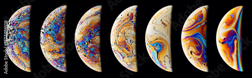 A set of seven high-resolution photographs of colorful soap bubbles. photo