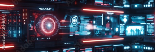 futuristic digital interface with glowing red and blue data panels, sleek sci fi dashboard design, concept of innovation, software, tech solutions