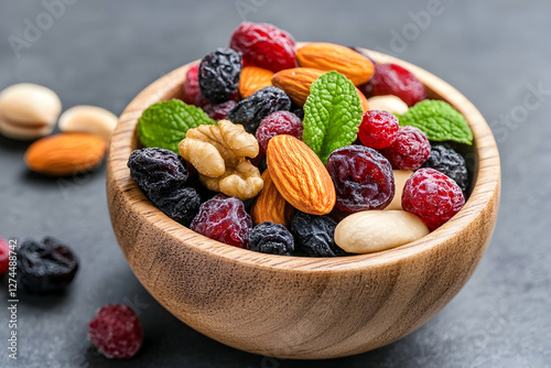 Mixed Dried Fruits and Nuts in Wooden Bowl photo