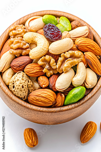 Mixed nuts in wooden bowl on white background. Possible use Stock photo for healthy snack photo