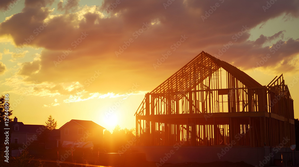 Construction Site at Sunset Featuring Wooden Framework and Building Structure in Progress