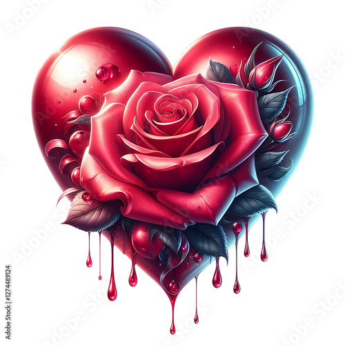 Bleeding red heart with a rose, isolated on white background