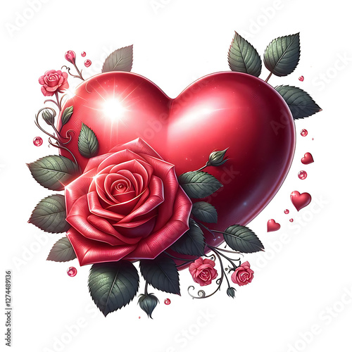 Red heart with a rose and petals, isolated on white background