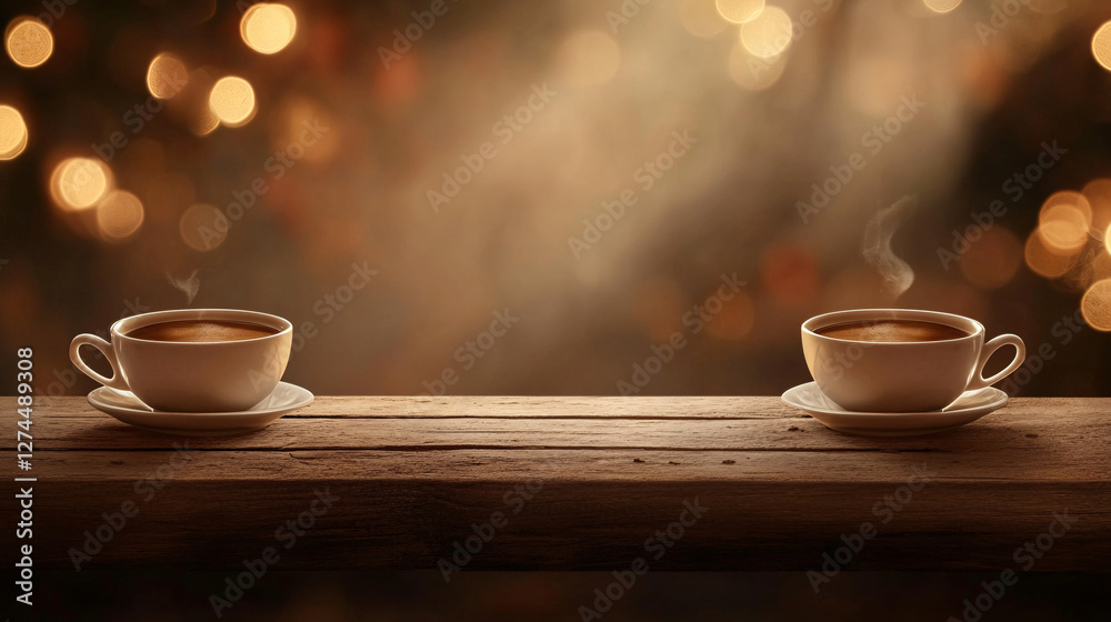Fototapeta premium Background with coffee, wooden table on an extremely blurred backdrop, used for display or editing as a dining background. Banner, board, podium