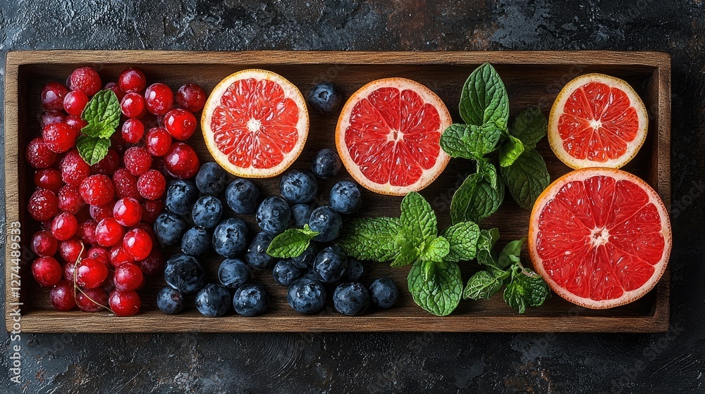 Fresh Berries Grapefruit and Mint Arranged in a Wooden Tray Fresh Berries Grapefruit and Mint Arranged in a Wooden Tray