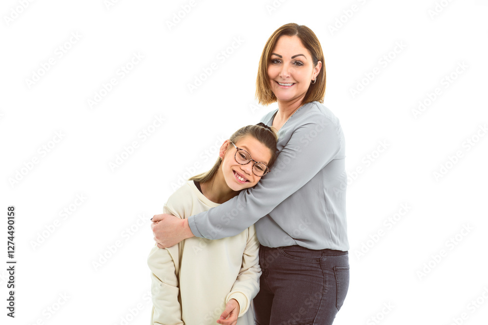 Portrait of disabled girl smiling at camera with her mother over white background Portrait of disabled girl smiling at camera with her mother over white background