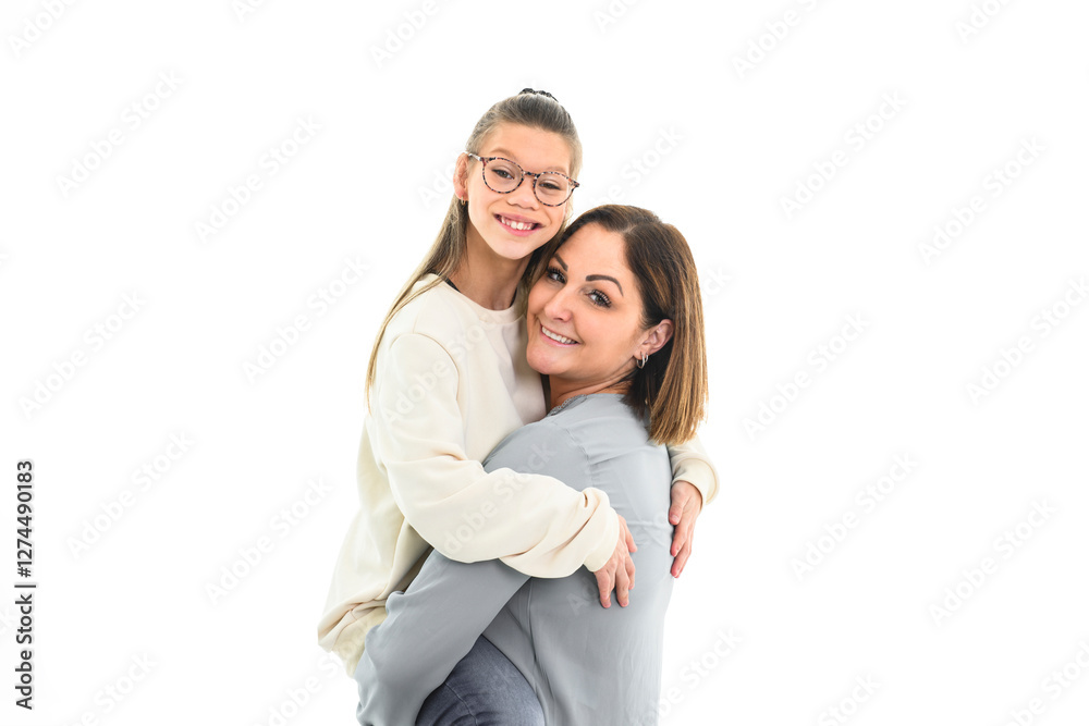 Portrait of disabled girl smiling at camera with her mother over white background Portrait of disabled girl smiling at camera with her mother over white background