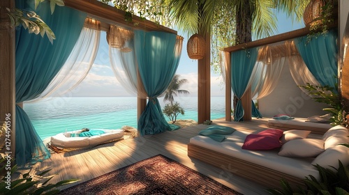 * Luxury beach cabanas with turquoise waters.