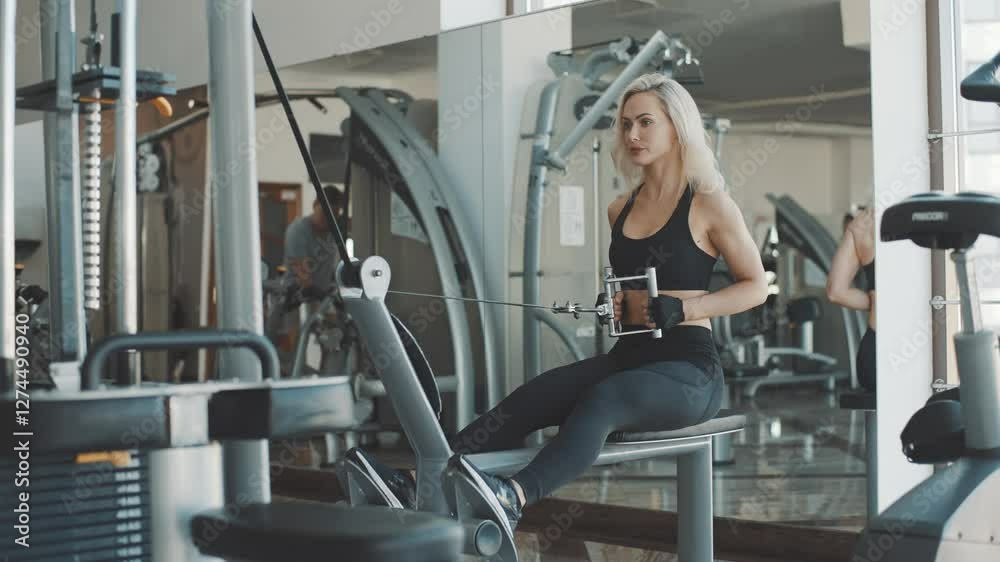 Strong woman demonstrates slow motion rowing exercise in gym setting