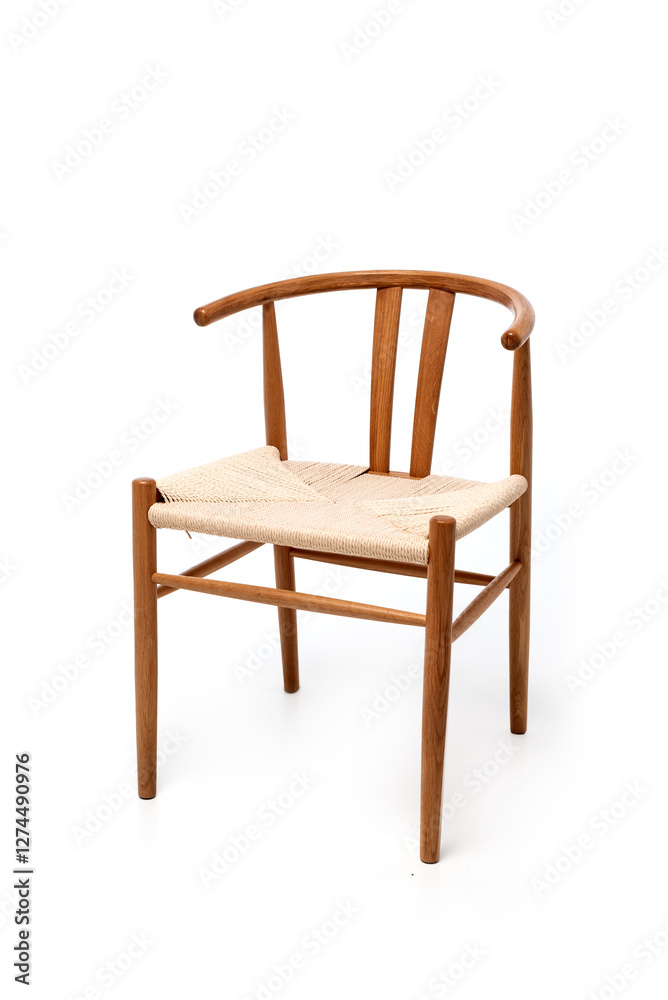 Minimalist wooden chair with a woven seat, isolated on a white background. Stylish and modern furniture design for interior decor and catalog use. Minimalist wooden chair with a woven seat, isolated on a white background. Stylish and modern furniture design for interior decor and catalog use.