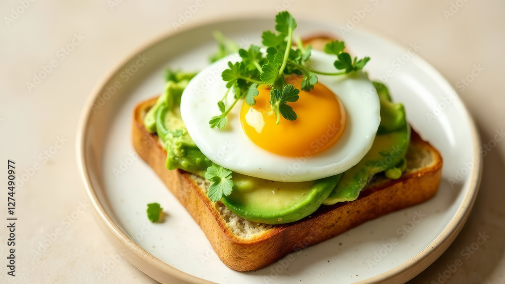 Avocado and egg toast on a white modern plate, healthy breakfast, menu, stylish minimalist light background Avocado and egg toast on a white modern plate, healthy breakfast, menu, stylish minimalist light background