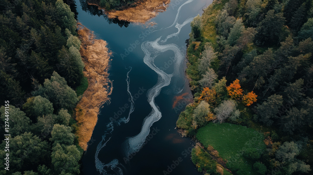 Aerial view of river with pollution and lush greenery Aerial view of river with pollution and lush greenery