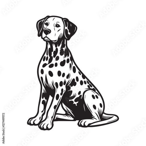 Dalmatian dog vector, Set of dalmatian. Collection of pedigree spotted dogs. Vector illustration of a dalmatian dog. Domestic pet.
Sitting on two legs front pose puppy dog pet dog sitting