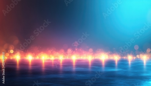 Abstract background with glowing particles floating over reflective surface