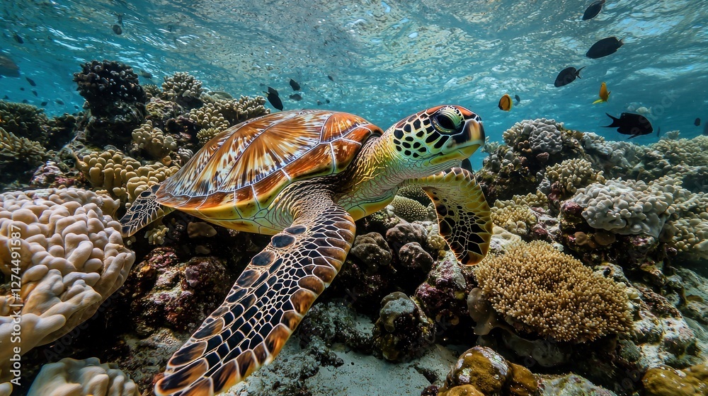 Fototapeta premium Majestic Sea Turtle Gracefully Navigating Vibrant Coral Reef