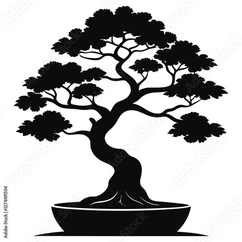 Elegant Bonsai Tree Silhouette Minimalist Black Vector Illustration