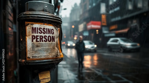 A wet street scene featuring a Missing Person sign on a lamppost, evoking a somber mood amidst blurred figures in the background.