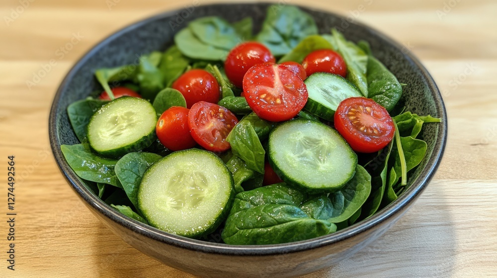 Fresh spinach, tomato, cucumber salad bowl, kitchen table, healthy eating Fresh spinach, tomato, cucumber salad bowl, kitchen table, healthy eating