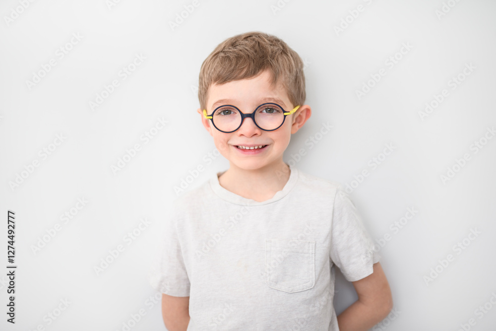 portrait of handsome little boy in glasses isolated on gray background