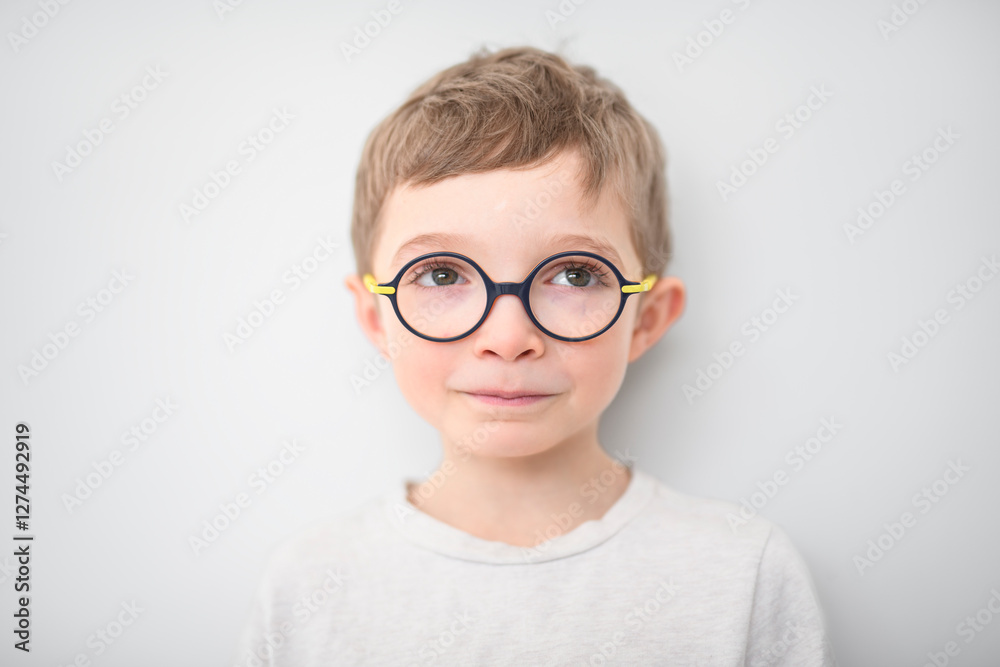 portrait of handsome little boy in glasses isolated on gray background portrait of handsome little boy in glasses isolated on gray background
