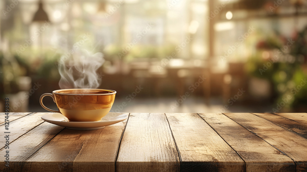 Background with tea, wooden table on an extremely blurred backdrop, evoking a cozy and calming atmosphere. Ideal for display or editing as a dining background. Steam rising from a teacup, with soft na Background with tea, wooden table on an extremely blurred backdrop, evoking a cozy and calming atmosphere. Ideal for display or editing as a dining background. Steam rising from a teacup, with soft na