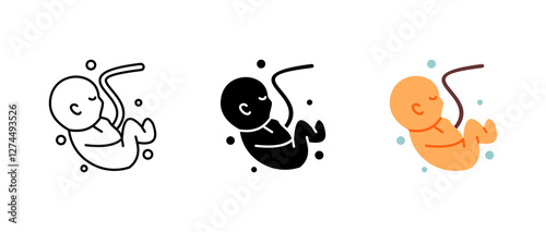 Fetus icon set. Developing baby inside the womb sign. Embryo and prenatal growth symbol. Maternity and pregnancy care pictogram. Medical and biological study illustration.