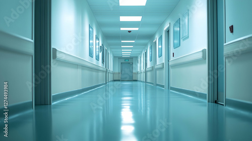 Empty corridor in a hospital ward with soft lighting and sterile environment