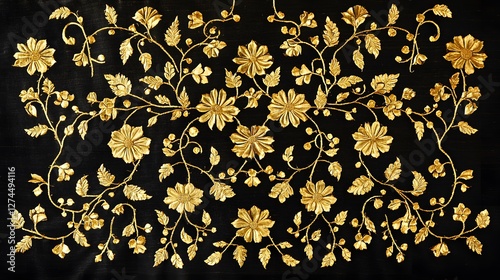 A decorative pattern featuring intricate golden floral designs on a black background.